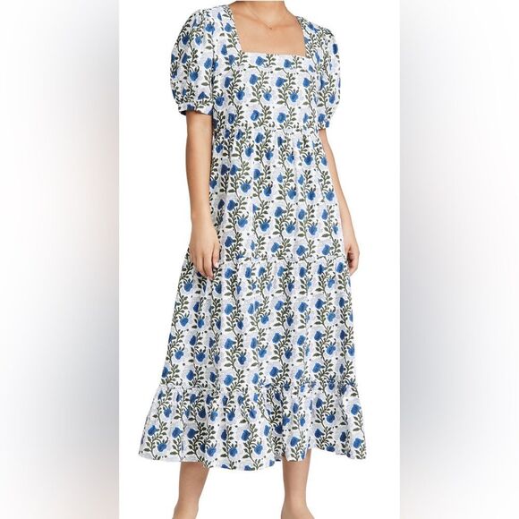SZ Blockprints Blue Floral Midi A-Line Cotton Dress - Size Large - Picture 1 of 7